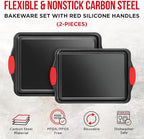 2 Piece Set Nonstick Carbon Steel Oven Bakeware -Professional Quality Kitchen Cooking Baking Trays -PFOA, PFOS, PTFE-Free Medium & Large Baking Sheet Pans with Red Silicone Handles