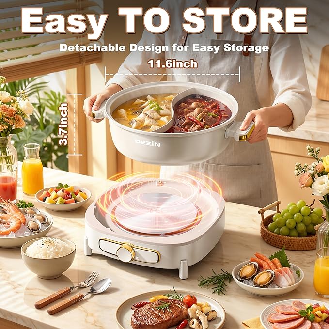Dezin Hot Pot Electric with Divider, 6L Double-Flavor Shabu Shabu Pot, Dual Sided Removable Non-Stick Hotpot Pot Electric, 3" Depth Chinese Hot Pot with Multi-Power Control, 2 Silicone Ladles Included