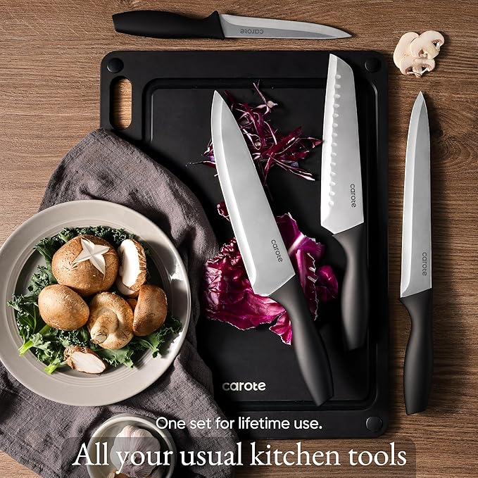 CAROTE Knife Set, 11 Pcs Kitchen Knives with 5 Blade Guards & Non-Slip Cutting Board, Rustproof Stainless Steel 5 Kitchen Knife Set, Plain Black