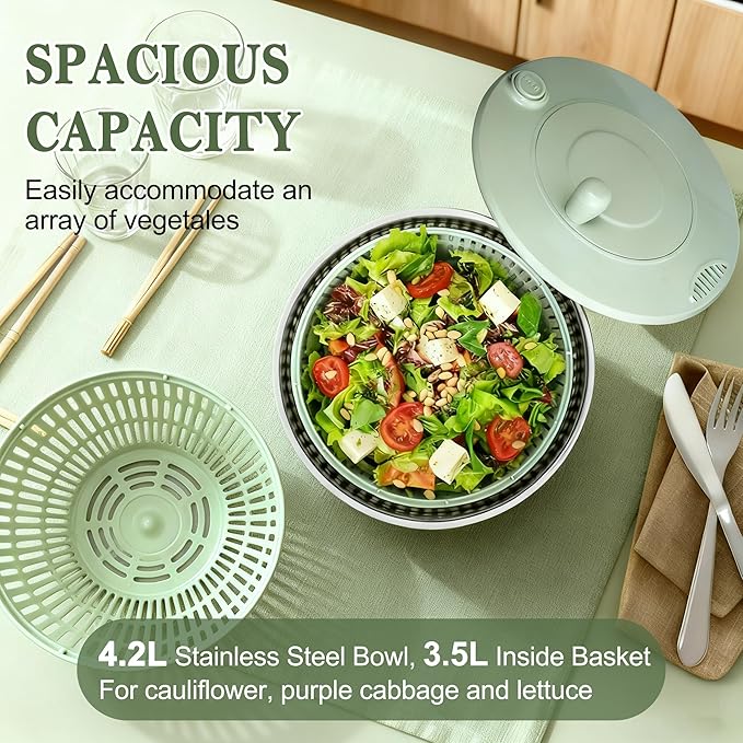 Unokit Stainless Steel Salad Spinner - Large Spinner with Non-Slip Base and 5 Blade Slicers, Dishwasher Safe Lettuce Spinner for Efficient Salad Preparation and Food Washing in Kitchen
