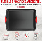 Nonstick Cookie Sheet Pan Carbon Steel Oven Tray Sheet Pan with Red Silicone Handles -large Bakeware Pan Tray with Gray Coating Inside & Outside (Pack of 2)
