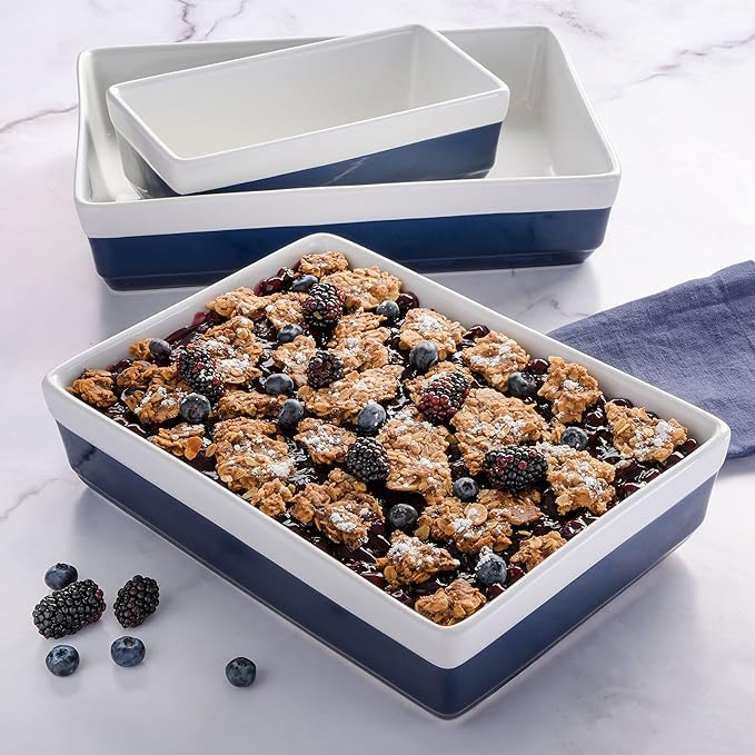 MARTHA STEWART 3-Piece Oven to Table Stoneware Bakeware Set – Baking Dish & Casserole Set – Cobalt Blue – Durable Oven-Safe Bakeware for Baking and Serving