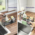 SWTYMIKI Sponge Holder for Kitchen Sink - Sink Caddy with Brush Holder and Stainless Steel Self Drain Tray, Sponge Caddy Organizer with Divider Kitchen Accessories Storage for Countertop, Black