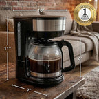 OVENTE 12-Cup Drip Coffee Maker with Borosilicate Glass Carafe, One-Touch Operation Machine, Anti-Drip System, Reusable Filter and Clear View Water Level Gauge, Ideal for Home or Office, Black CM412B