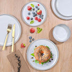 E-far Stoneware Dinnerware Sets for 4, 12 Pieces Reactive Glaze Plates and Bowls Sets, Elegant Dishes with Rustic Terracotta Base, Dishwasher & Microwave Safe, Scratch Resistant, Glacier White