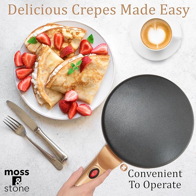 Moss & Stone Gold Electric Crepe Maker 8 Inch, Portable Crepe Maker & Hot Plate Cooktop On/Off Switch, Nonstick Coating, Automatic Temperature Control, Easy To Use For Pancakes, Blintz