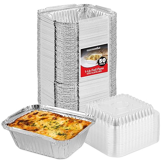 Stock Your Home 1 lb Small Aluminum Pans with Lids (50 Pack), Foil Pans with Clear Plastic Lids, Disposable Cookware & Takeout Trays for Restaurants & Catering