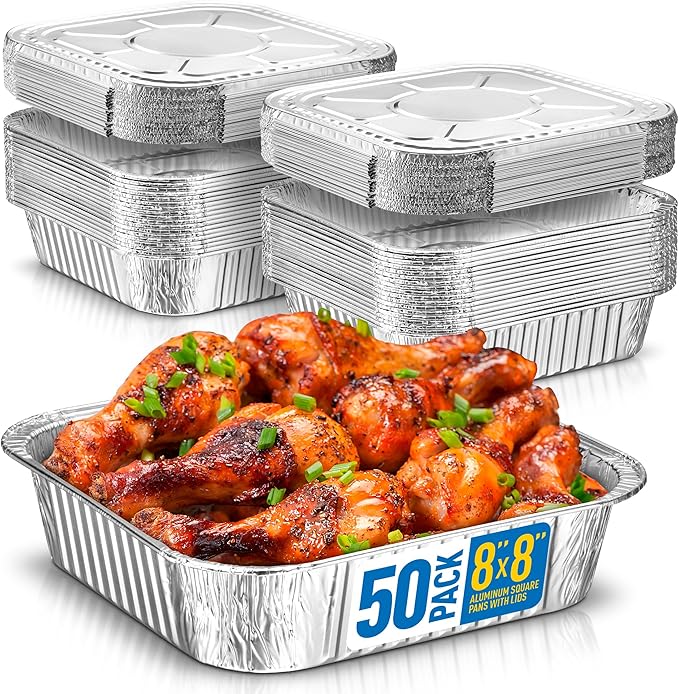 8x8 Disposable Aluminum Pans With Lids - 50 Pack Foil Pans For Cooking, Baking Cakes, Roasting & Homemade Breads - Disposable Food Containers With Foil Lids
