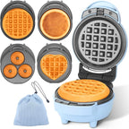 Baker's Friend 4 in 1 Mini Waffle Maker with Removable Plates, Set Includes Mini Pancake, Donut, Heart Shape Waffle Makers, Compact Size, Recipe Included, Blue