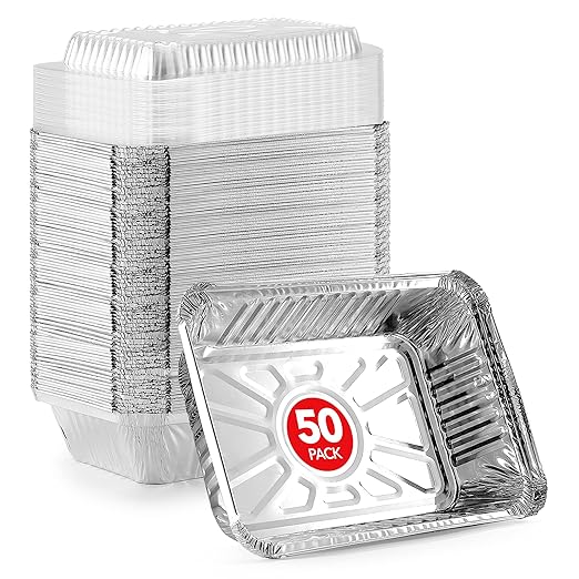 Stock Your Home 2 lb Small Aluminum Pans with Lids (50 Pack), Foil Pans with Clear Plastic Lids, Disposable Cookware & Takeout Trays for Restaurants & Catering