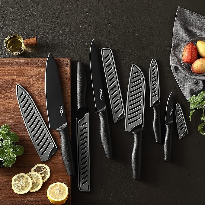 Kitchen Knife Set, KYA38 12-Piece Kitchen Knives Set with Covers, Marco Almond® 6 Knives with 6 Blade Guards, Stainless Steel Cooking Knives Set for Kitchen, Black