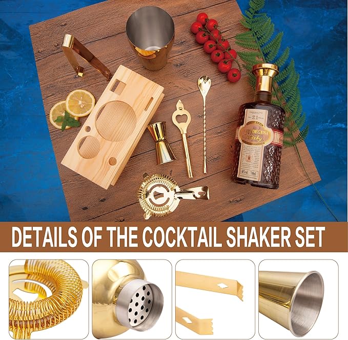 JNWINOG Cocktail Shaker Set Stainless Steel Bartending Kit 18.6oz Cocktail Bar Set Cocktail Mix Drink Making Kit Professional Bar and Home Drink Bar Tools for Bartender (Gold, 7Pcs)