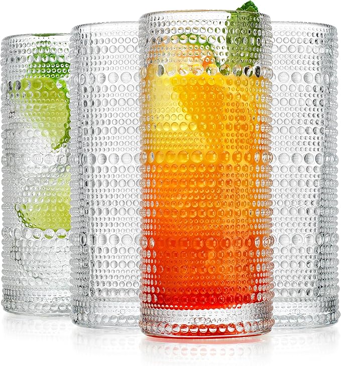 Glaver's Highball Drinking Glasses, 10.82 oz Sleek Hobnail Textured Glassware Modern Tall Tumblers set of 4 Iced Coffee Glasses, Highball Cocktail Set, Dishwasher Safe, Housewarming Gift Set