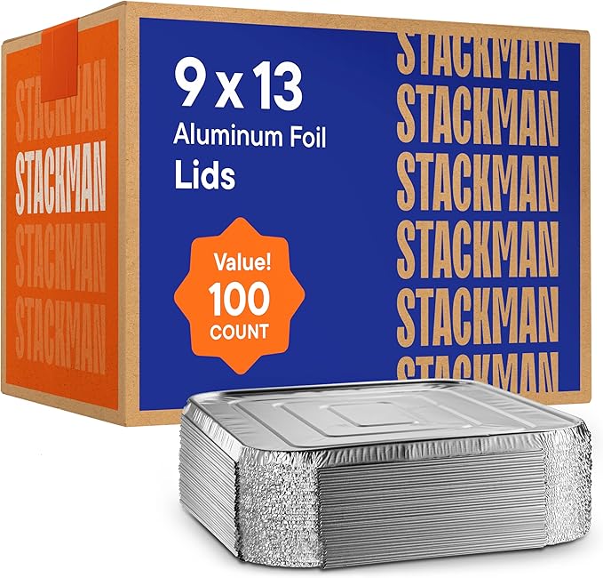 Aluminum Lids for 9x13 Disposable Aluminum Foil Pans [100-Bulk-Pack] Heavy Duty Tin Tray Covers for Half Size Chafing Dishes. 100 Foil Lids
