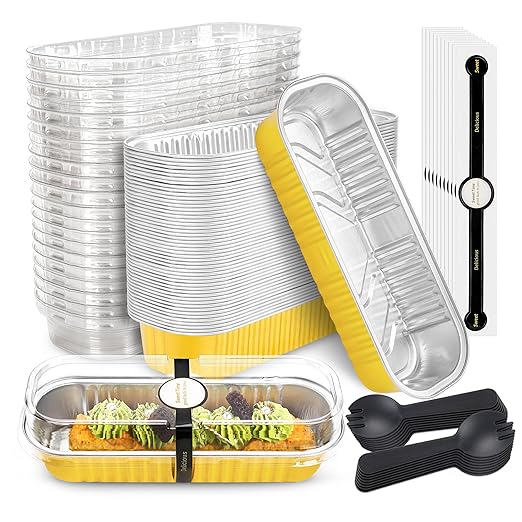 NPLUX 50 Pack Mini Cake Pans with Lids and Spoons Gold Rectangular Aluminum Foil Baking Pans Mini Cheesecake Containers(6.8oz)