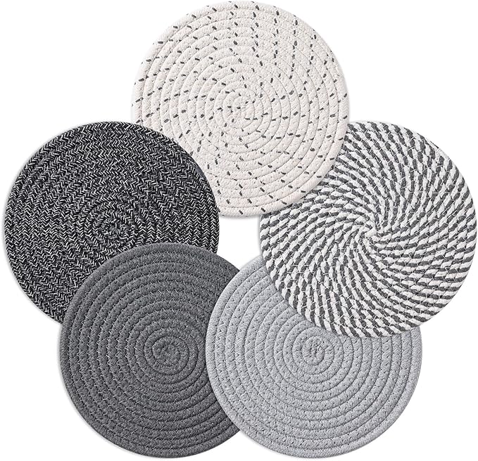 Husfunov 7 Inch Trivets for Hot Dishes, Pots and Pans, 5 Heat Resistant Pot Holders for Kitchen, Home Essentials, Hot Pads for Countertop and Table, Farmhouse Decor Vase Mats, Gray