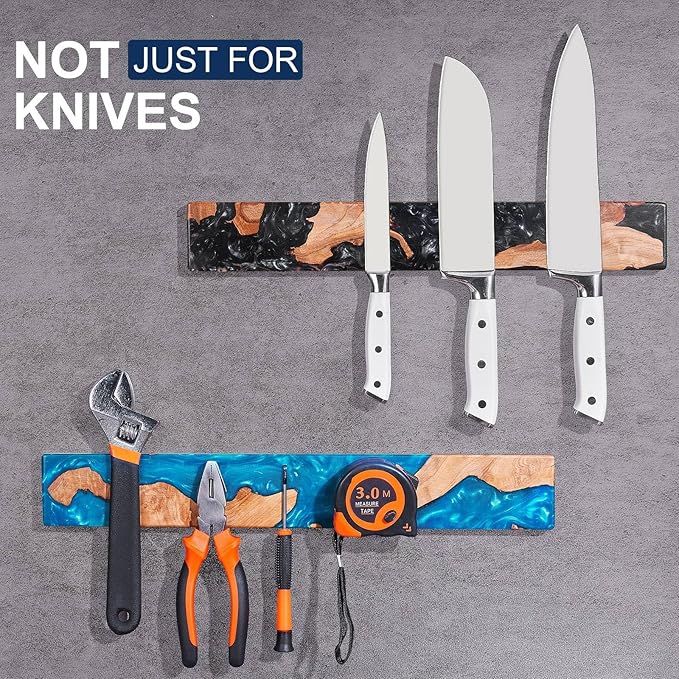 ENOKING Magnetic Knife Holder for Wall 16 Inch, Acacia Burl Wood & Black Resin Magnetic Knife Strip Bar, Powerful Magnet Kitchen Knife Storage Rack, Space-Saving Wall Mounted Organizer
