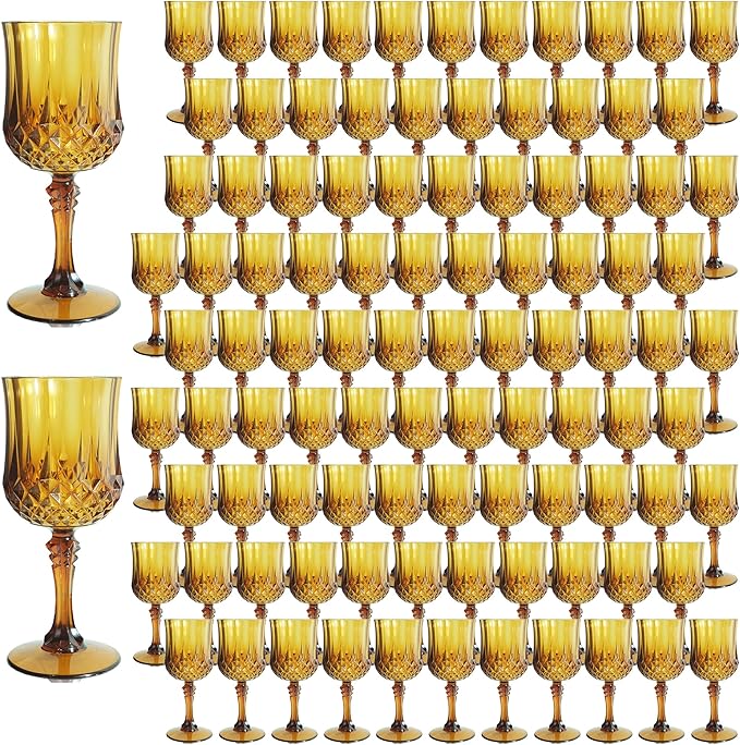 Plastic Wine Glasses, Plastic Goblets Vintage Style Cordial Unbreakable Drinking Glasses, Reusable Drinkware for Wedding Reception, Grand Event Party Supplies (100, Amber)