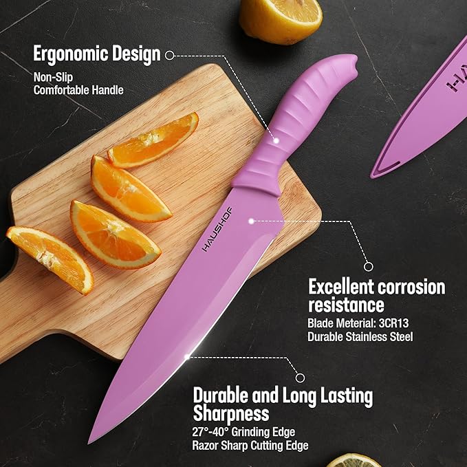HAUSHOF Kitchen Knife Set, 12-Piece Colorful Knives Set with 6 Sheaths for Kitchen, Non-Stick Coated Stainless Steel Blades for Slicing, Dicing&Cutting, Gifts Knife Set for Dad, Mom, Husband and Wife