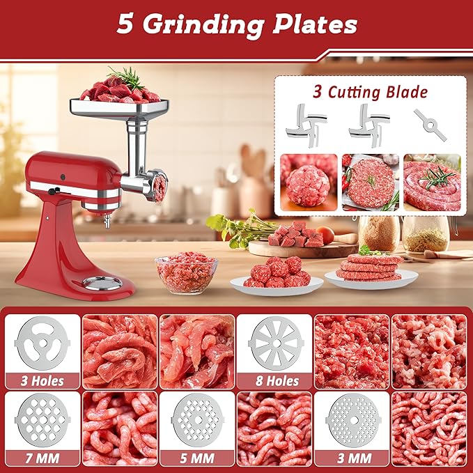 Jooke Meat Grinder Pasta Maker Attachment for Kitchenaid Stand Mixers,Set for Kitchenaid Mixer Attachments Includes Metal Food Grinder with Sausage Stuffer Tubes,3 in 1 Pasta Attachment,Dough Cutter