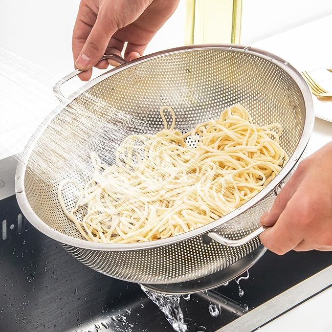 Kaishun Colander Stainless Steel Set(5-Quart and 3-Quart), Kitchen Strainer for Pasta, Fruits Vegetables, Dishwasher Safe