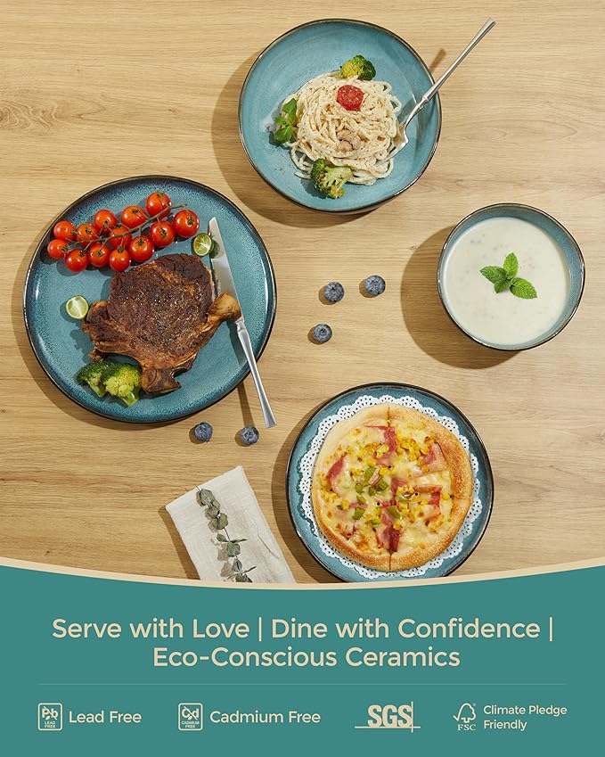 Pokini 32 Piece Dinnerware Set for 8 with Pasta Bowls, Green Black Reactive Glaze Stoneware | All‑in‑One Host Set for Entertaining, Holiday Meals, Multi‑Course Dinners | Unique Irregular Coastal Look