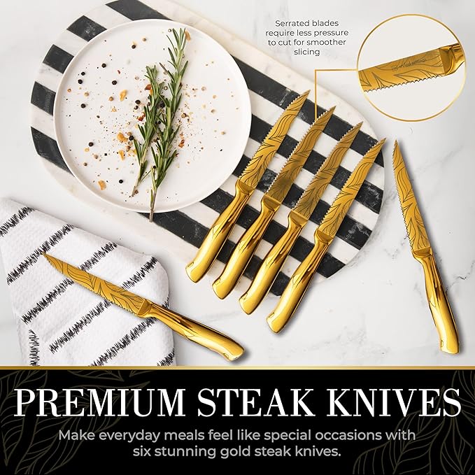 Gold Knife Set For Kitchen -14-Piece Titanium-Coated Blades with Etched Leaves Pattern, Ultra-Sharp Stainless Steel, Durable & Stylish Kitchen Knife Block Set