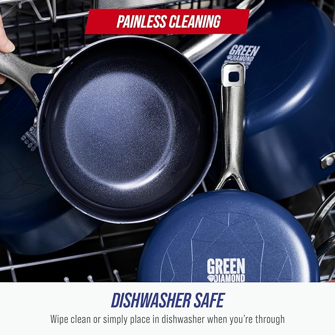 Blue Diamond 5QT Saute Pan with Lid, Non Toxic PFAS-Free Diamond Ceramic Nonstick, Dishwasher & Oven Safe, Metal Utensil Safe, Deep Jumbo Cooker Skillet with Helper Handle, Glass Lid, Blue