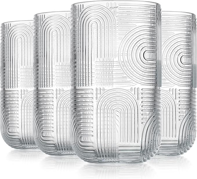 Glaver's Drinking Glasses, Highball Glasses, 17 Ounce Thick Embossed Designed, Set of 4 Clear Kitchen Glassware For Everyday Elegant Serving Coolers, Urban Pattern Modern Drinking Glasses