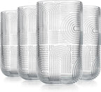 Glaver's Drinking Glasses, Highball Glasses, 17 Ounce Thick Embossed Designed, Set of 4 Clear Kitchen Glassware For Everyday Elegant Serving Coolers, Urban Pattern Modern Drinking Glasses