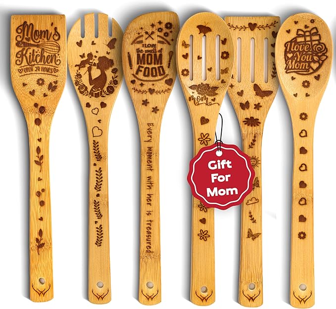 Cooking Gifts For Mom Wooden Spoons for Cooking 6-Piece - Bamboo cooking utensils with Spatulas & Spoons, Wooden Utensils, Heat-Resistant, Eco-Friendly Kitchen Utensils - Christmas Gifts