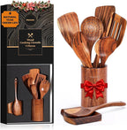 Mooues Wooden Spoons for Cooking, Wooden Utensils for Cooking Natural Teak Wooden Kitchen Utensils Set Comfort Grip(9 PCS SET GIFT BOX)