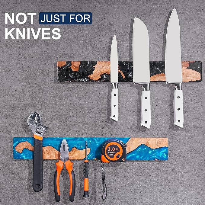 ENOKING Magnetic Knife Holder for Wall 16 Inch, Acacia Burl Wood & Blue Resin Magnetic Knife Strip Bar, Powerful Magnet Kitchen Knife Storage Rack, Space-Saving Wall Mounted Organizer