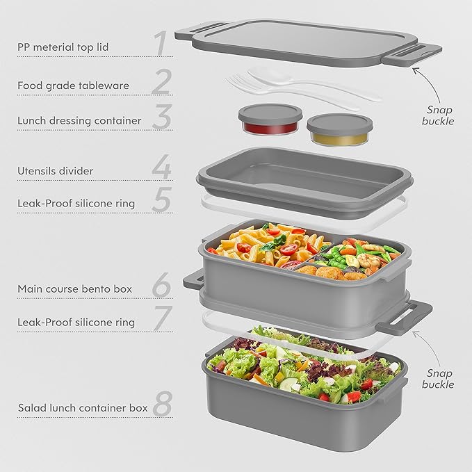 Jelife Adult Bento Box Lunch Box - 3 Layers Stackable Bento Lunch Box for Adults, 72oz Large-Style All-in-One Bento Boxes Leak-Proof Lunchbox with Utensil Sauce Containers for Dining Out,Work, Grey