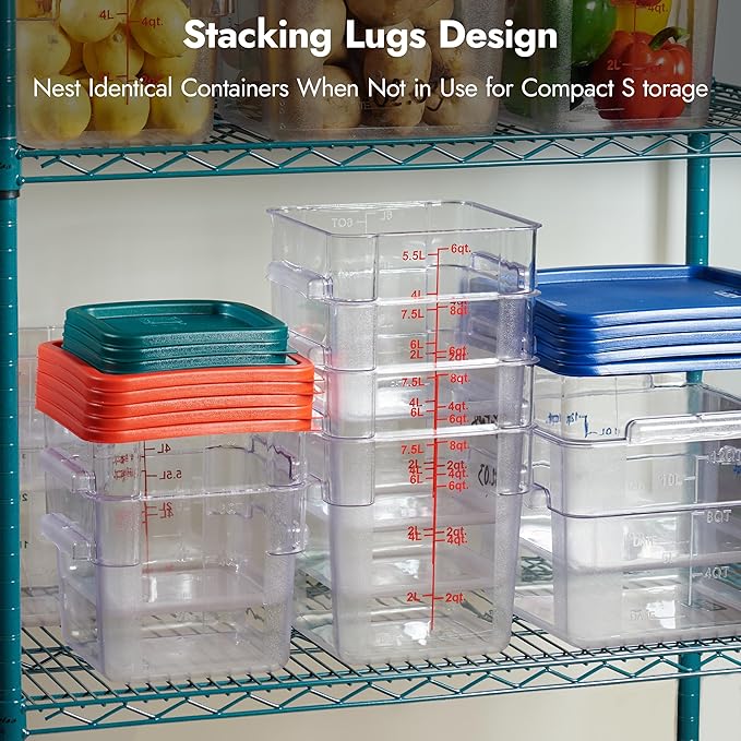 CURTA 8-Pack 8 Qt NSF Clear Polycarbonate Food Storage Containers with Red Lids - Square, Commercial-Grade, Freezer & Dishwasher Safe, Stackable