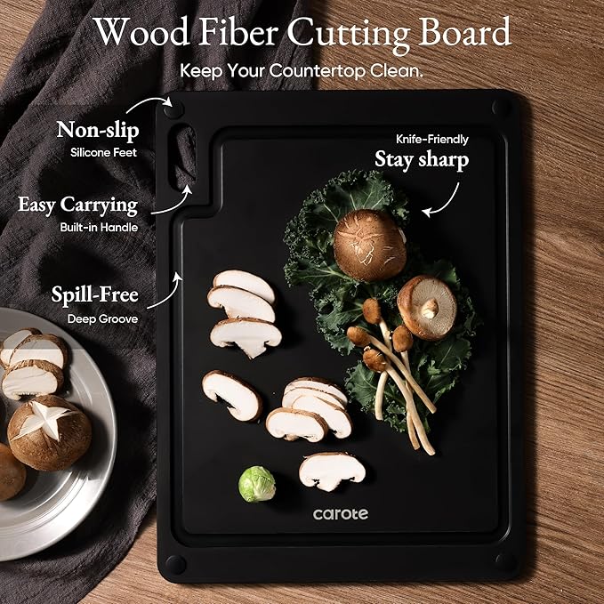 CAROTE Knife Set, 11 Pcs Kitchen Knives with 5 Blade Guards & Non-Slip Cutting Board, Rustproof Stainless Steel 5 Kitchen Knife Set, Plain Black