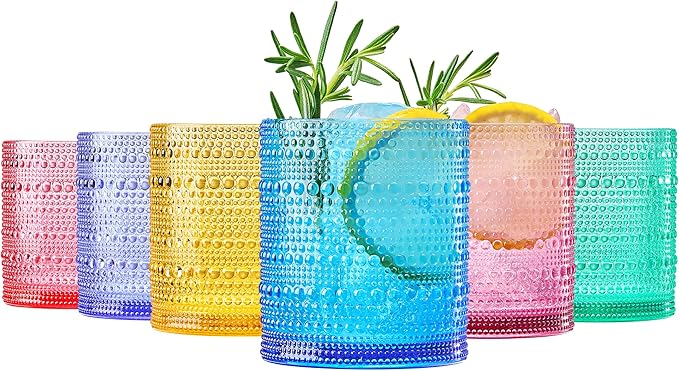 Khen Plastic Hobnail Drinking Glasses Set of 6 Bright Tones Cups 14oz, Shatterproof & Unbreakable Acrylic Beaded Design, BPA-Free, Dishwasher Safe Indoor/Outdoor Drinkware for Water, Juice, Cocktails