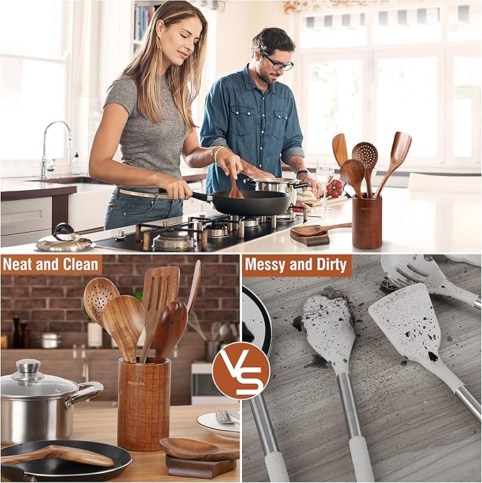 Mooues Wooden Spoons for Cooking, Wooden Utensils for Cooking Natural Teak Wooden Kitchen Utensils Set Comfort Grip(9 PCS SET GIFT BOX)