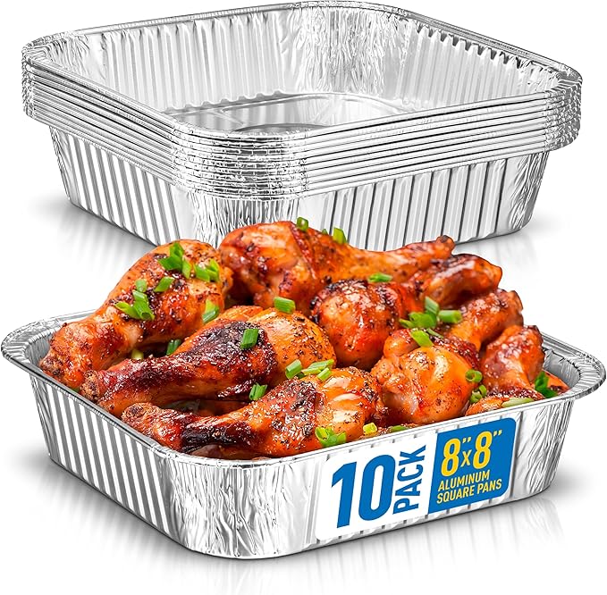 8x8 Disposable Aluminum Pans - 10 Pack Foil Pans For Cooking, Baking Cakes, Roasting & Homemade Breads - Disposable Food Containers
