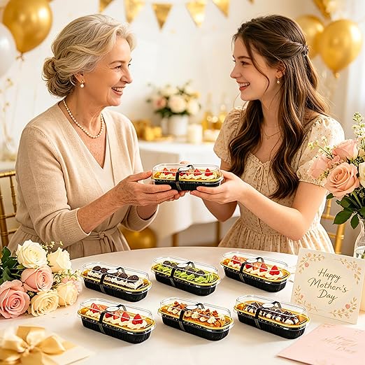 NPLUX 50 Pack Mini Cake Pans with Lids and Spoons Black Gold Rectangular Aluminum Foil Baking Pans Mini Cheesecake Containers(6.8oz)