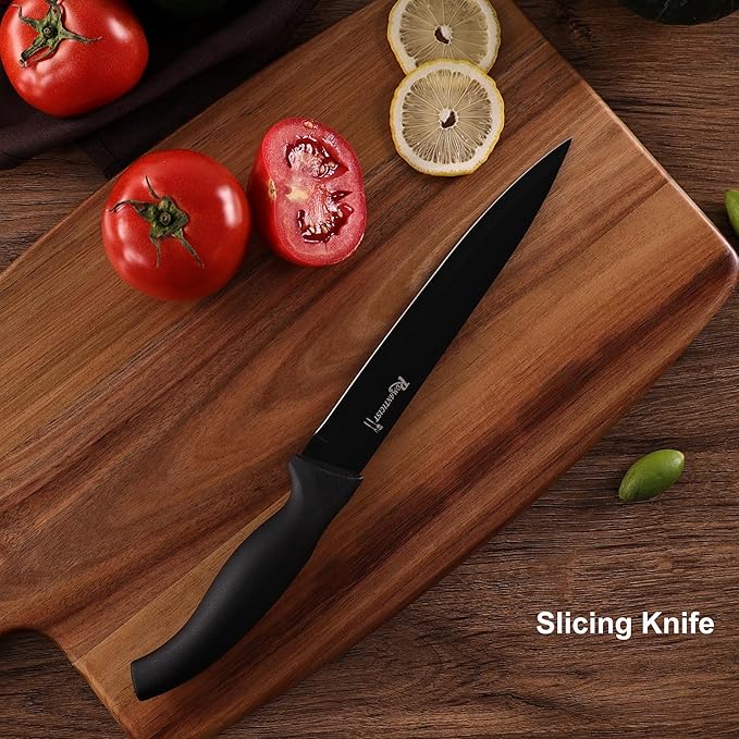ROMANTICIST Knife Set, 10 Pieces Knife Block Set - Stainless Steel Kitchen Knives with Sharpener and Cheese Knife, Non-Slip Ergonomic Handles, Exquisite Knives Set - Stylish Black