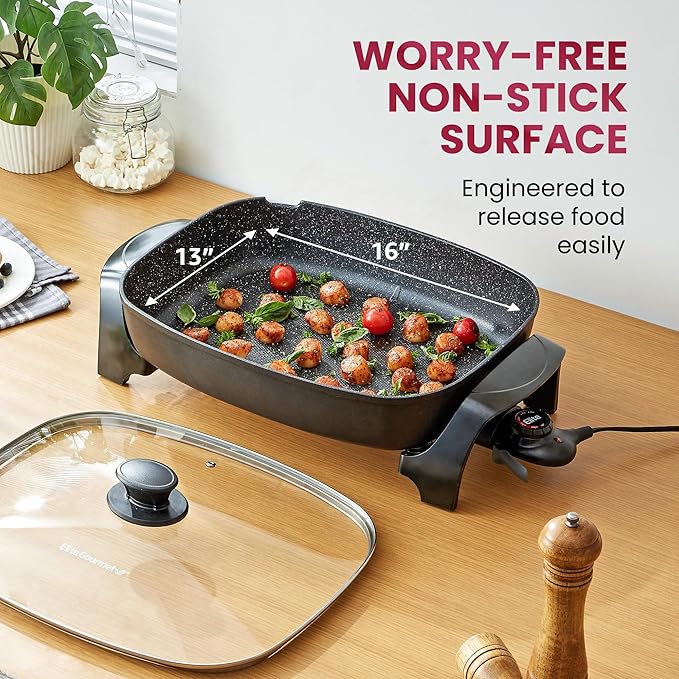 Elite Gourmet EG-6203# Extra Deep 16"x13" (10.5 Qt.) Non-Stick Electric Skillet with Glass Vented Lid & Pour Spout | Dishwasher Safe, Long-Lasting Non-Stick, 200-400°F | Serves 6-8, Black
