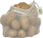 Reusable Mesh Vegetable Bags of 100% Organic Cotton - 6 Pieces Perfect Net Produce Bags - Eco-friendly, Bio-degradable & Washable Fruit, Vegetable & Produce Sacks (3 Medium, 3 Small)