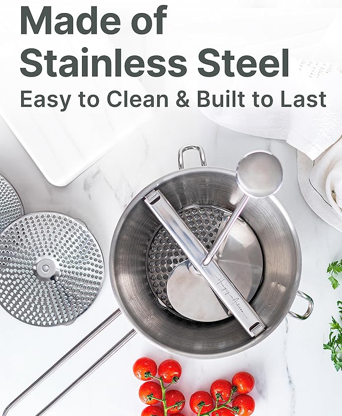 Stainless Steel Food Mill with 3 Discs – Ergonomic Rotary Hand Crank for Tomato Sauce, Applesauce, Baby Food, Mashed Potatoes, Puree & Canning