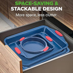NutriChef 6-Piece Bakeware Set - Nonstick Carbon Steel Baking Pans with Red Silicone Handles, Blue Coating, Durable & Stain-Resistant, Perfect for Baking Cakes, Muffins, Cookies (Blue)