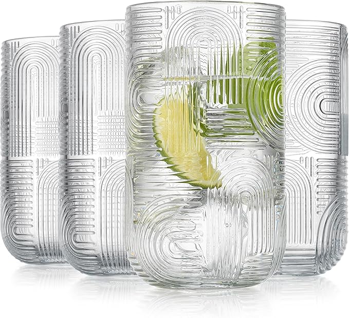 Glaver's Drinking Glasses, Highball Glasses, 17 Ounce Thick Embossed Designed, Set of 4 Clear Kitchen Glassware For Everyday Elegant Serving Coolers, Urban Pattern Modern Drinking Glasses