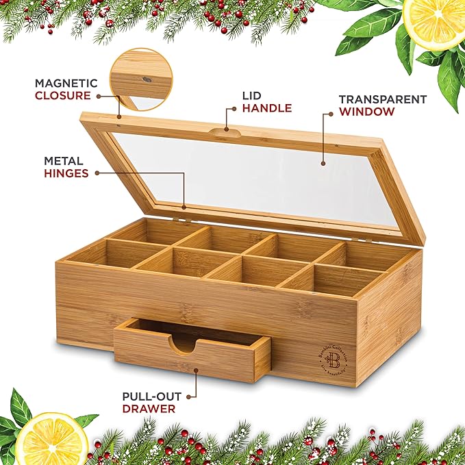Bambüsi Tea Box Organizer with Drawer - 8 Compartment Bamboo Wooden Tea Storage Chest with Acrylic Window & Magnetic Lid - Tea Accessories & Gift Set for Women, Birthdays, House Warming Gifts New Home