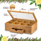 Bambüsi Tea Box Organizer with Drawer - 8 Compartment Bamboo Wooden Tea Storage Chest with Acrylic Window & Magnetic Lid - Tea Accessories & Gift Set for Women, Birthdays, House Warming Gifts New Home