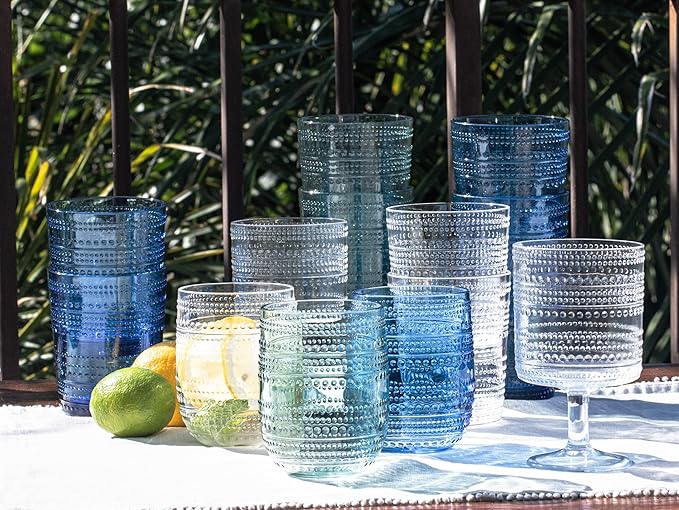 Beaded 16 oz Durable Acrylic Jumbo Drinking Glasses, Shatter-Resistant and Dishwasher-Safe Indoor/Outdoor Drinkware for Water, Iced Tea, Juice, and Cocktails - Sea Green - Set of 6