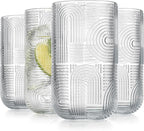 Glaver's Drinking Glasses, Highball Glasses, 17 Ounce Thick Embossed Designed, Set of 4 Clear Kitchen Glassware For Everyday Elegant Serving Coolers, Urban Pattern Modern Drinking Glasses